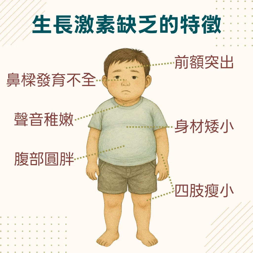 生長激素缺乏兒童的外觀特徵——娃娃臉、前額凸出、中心型肥胖、四肢瘦小