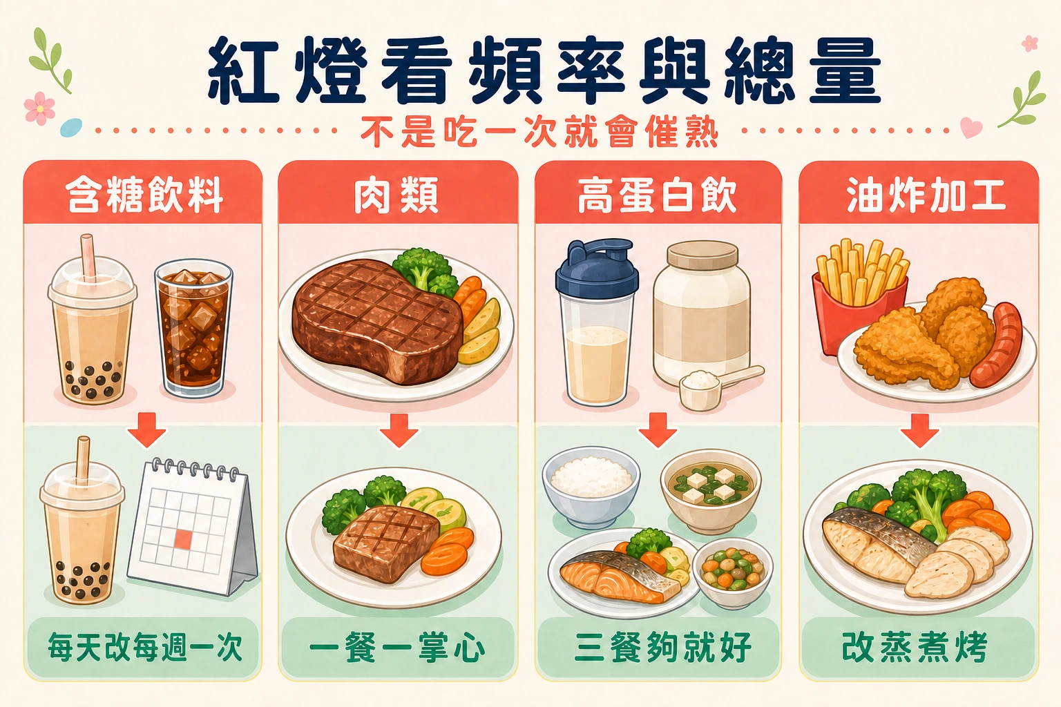 大花醫師說明含糖飲料與過量肉類等需要減量的兒童飲食項目