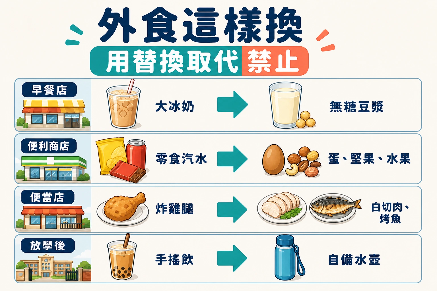 大花醫師示範早餐店、便利商店、便當店與放學後點心的低糖少加工替換方式