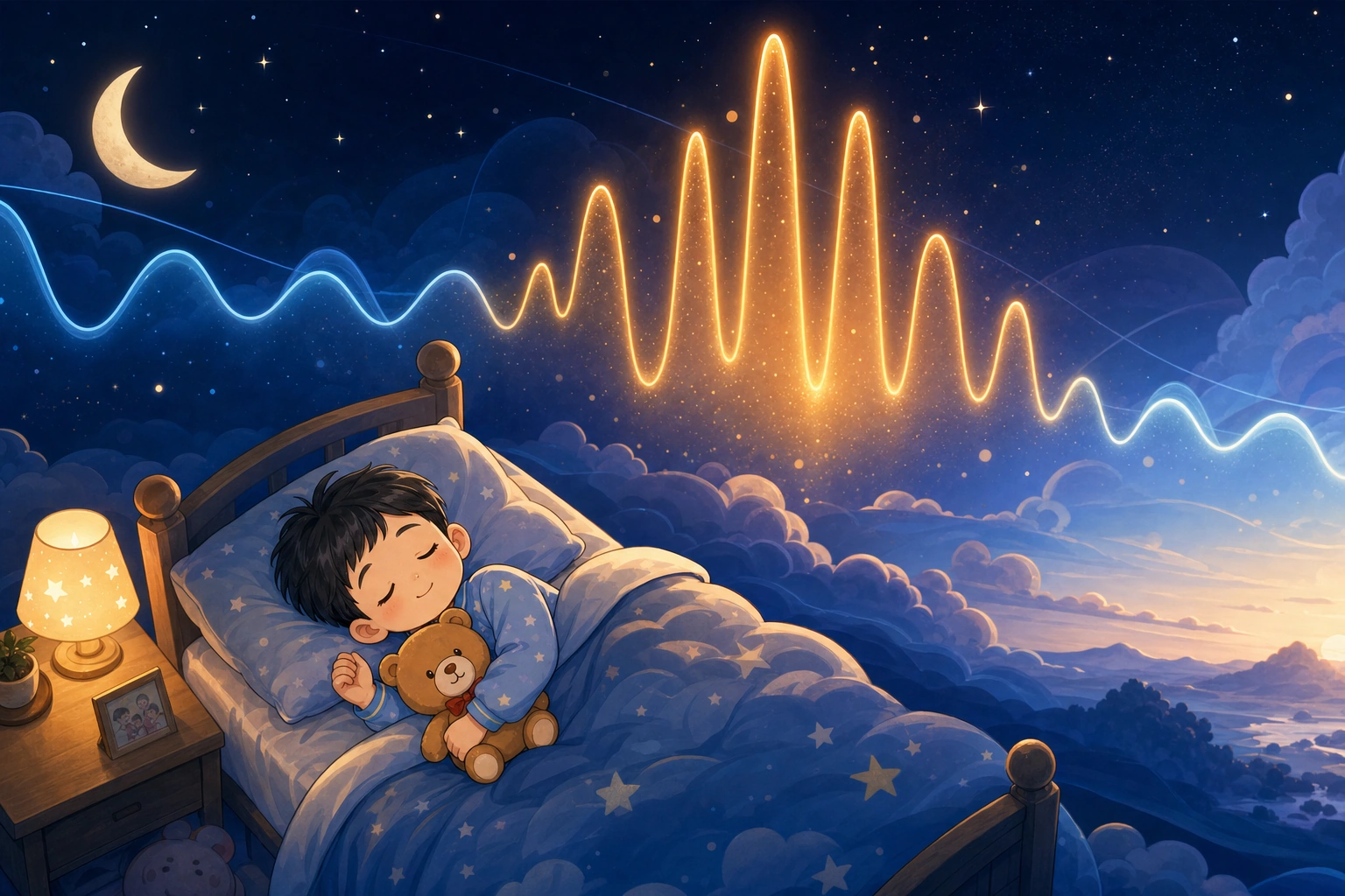 大花醫師睡眠與生長激素文章中，孩子進入前半夜深睡並出現生長激素脈衝的示意插圖