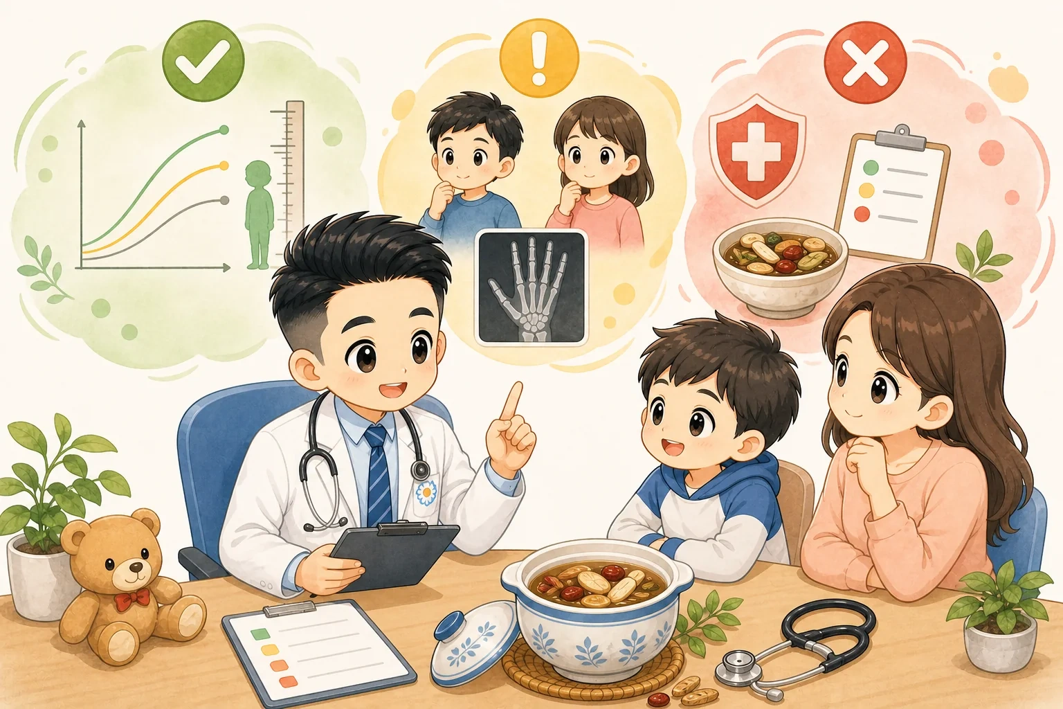 轉骨湯安全判讀檢查表插圖，包含成長階段與手部 X 光圖示